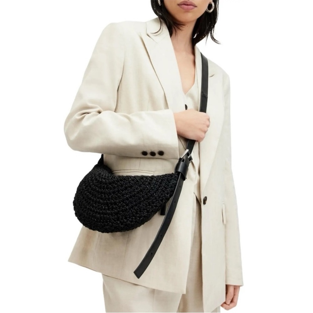 ALLSAINTS Half Moon Waxed Cotton Shoulder Crossbody Bag in Black NWOT